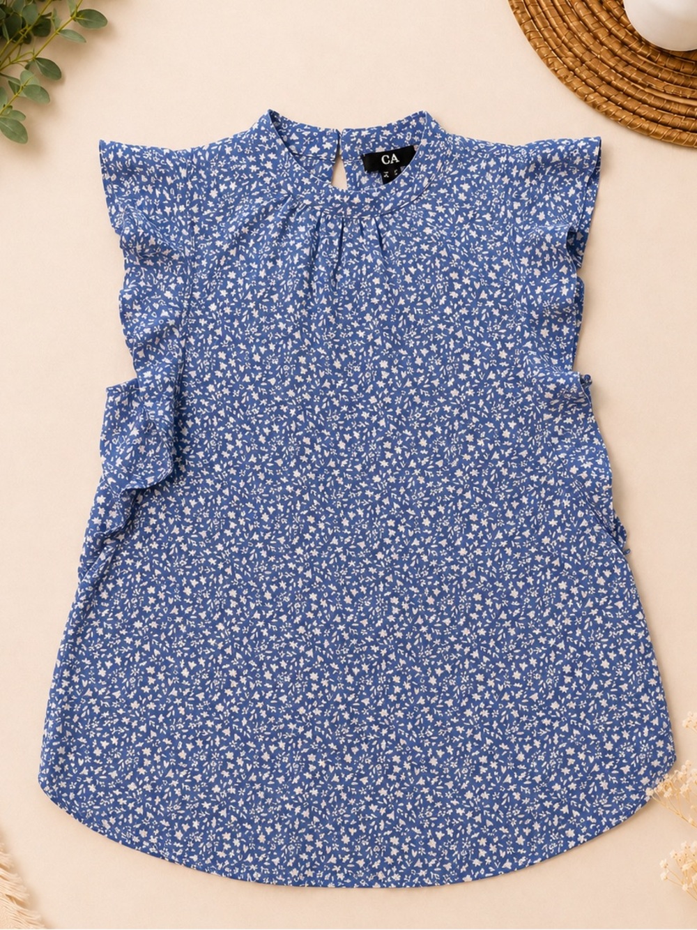 C&A Blue Ditsy Floral Ruffle Sleeve Mock Neck Top Sz 4/S